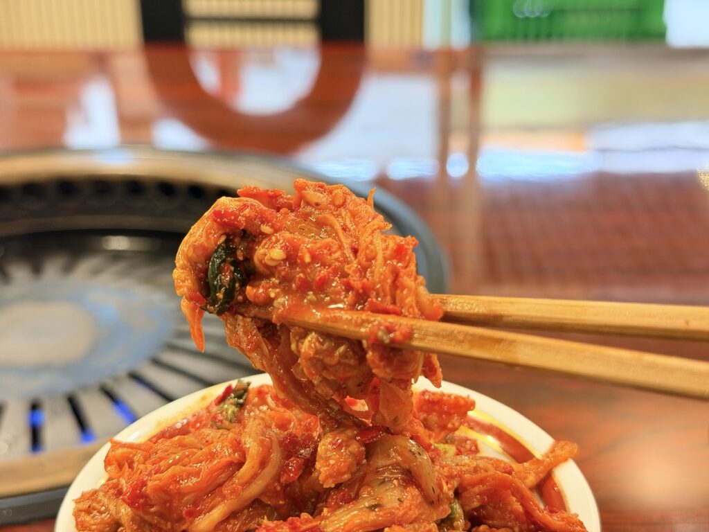お箸で持ち上げた羽柴家白菜キムチ