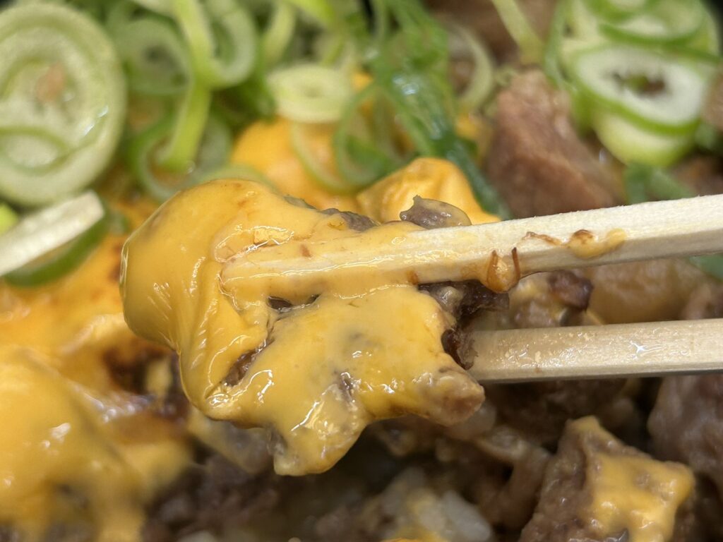 お箸で持ち上げた炙りチーズ和牛丼